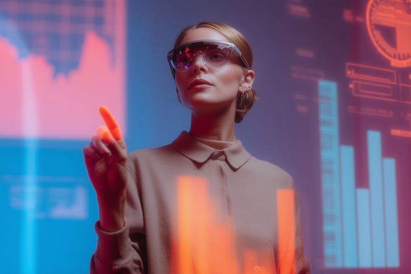 A focused female professional wearing smart augmented reality glasses interacts with a virtual holographic interface, touching glowing data displays and analytics charts in a neon futuristic lab.
