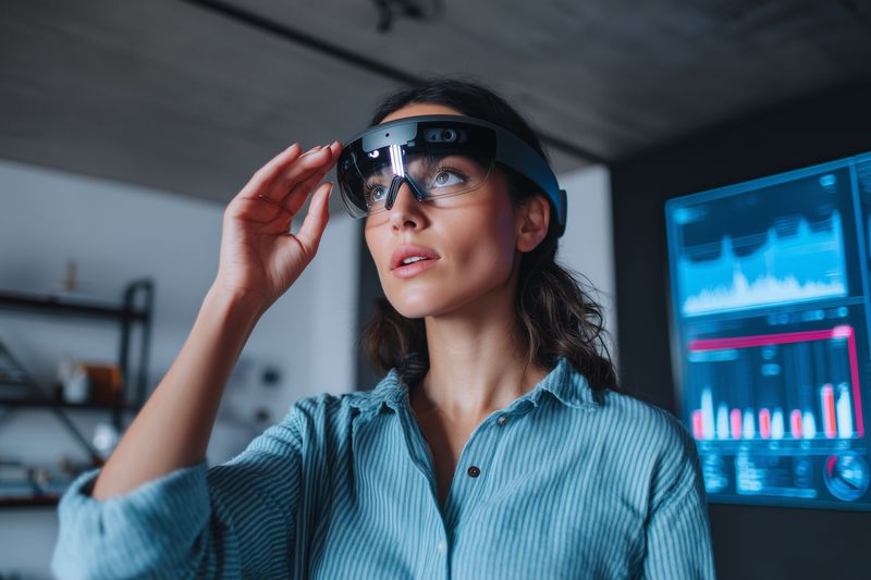 Young woman wearing augmented reality smart glasses analyzes digital charts and holographic data in a modern office, demonstrating immersive technology and data visualization.