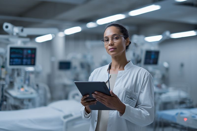 Portrait of a female doctor in an intensive care hospital environment holding a tablet and reviewing patient data on medical monitors and equipment, illustrating modern clinical professionalism.