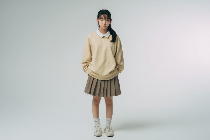 Portrait of a teenage girl standing in a minimal studio setting wearing a neutral sweater and pleated skirt, posing with hands in pockets and a calm thoughtful expression.
