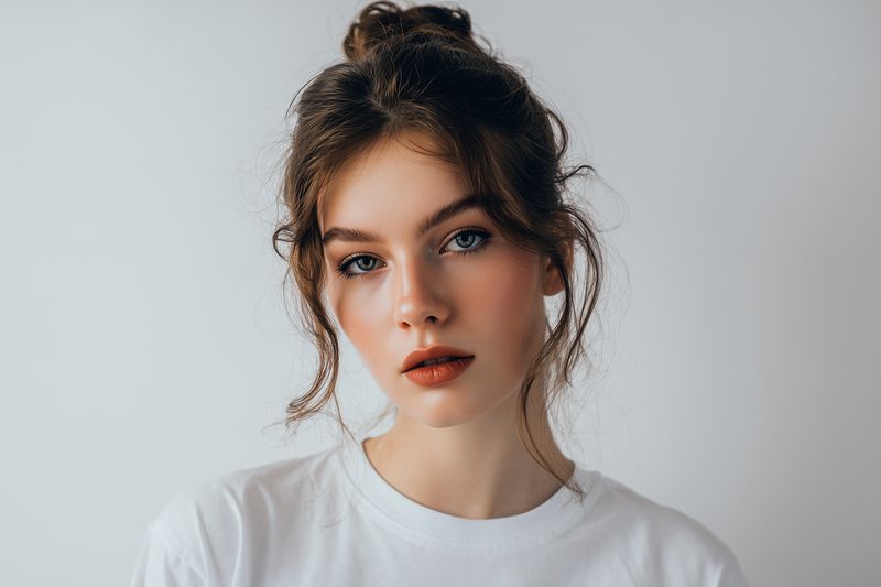 Portrait of a young woman with soft makeup and messy bun wearing a white t-shirt, gazing into the camera. Minimal studio background emphasizes natural beauty and delicate features.