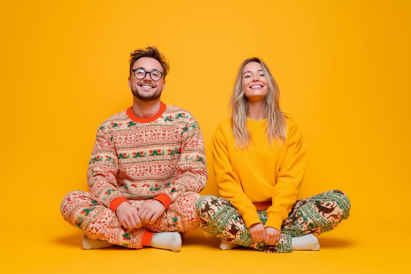 Young smiling couple in cozy holiday sweaters and patterned pajama pants sit cross legged on a bright yellow studio background, radiating warmth, joy and relaxed festive vibes.