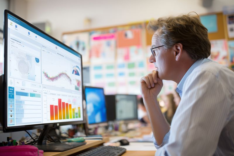 Mature professional man with glasses intently studies colorful data visualizations and charts on a large computer monitor, analyzing dashboard metrics while working at his desk in a modern office