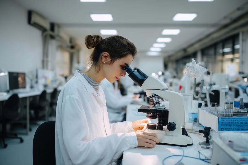 Young scientist in a modern laboratory examines samples through a microscope, wearing a labcoat and concentrating on research amid clinical equipment and bright fluorescent lighting.