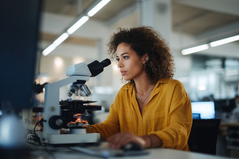 Young female scientist in a modern laboratory studies samples through a microscope, focused and attentive while conducting biological research and precise analytical experiments.