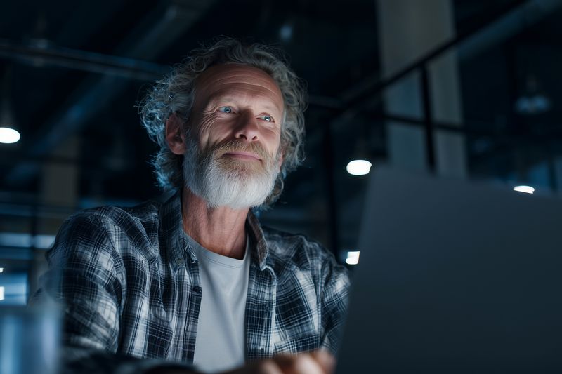 Mature man with gray beard working late on a laptop in a dimly lit modern office, focused and thoughtful while illuminated by cool ambient lights and computer glow.