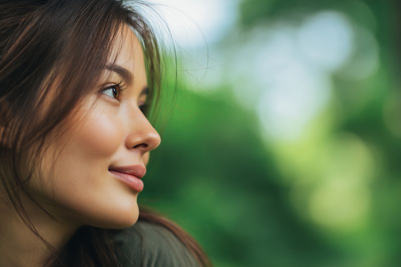 Close-up portrait of a young woman in profile smiling softly against a blurred green natural background, capturing peaceful expression and warm natural light.