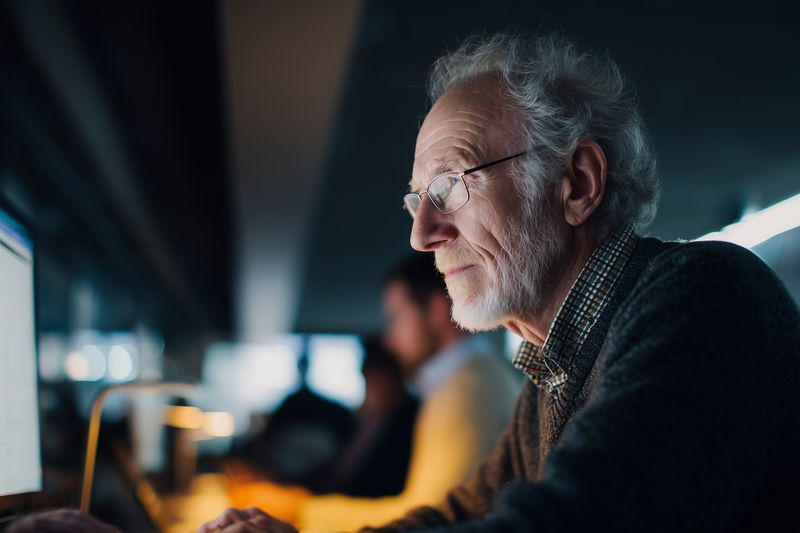 Elderly man with glasses working late at a computer in a dimly lit office, focused and thoughtful, highlighting concentration, experience and quiet dedication to his work.
