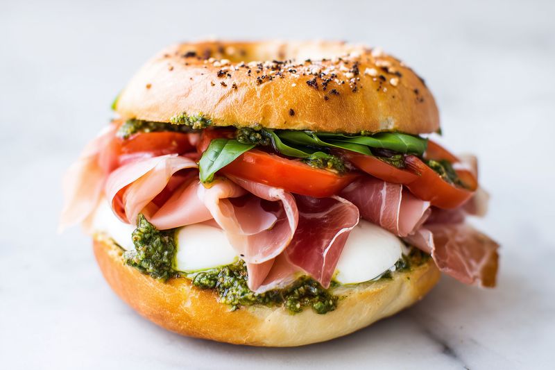 Close-up of a freshly toasted bagel sandwich layered with creamy mozzarella, thinly sliced cured ham, ripe tomato slices and bright green pesto on a marble surface.