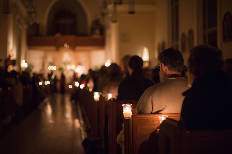 Congregation gathered in a dimly lit church holding candles during an evening service, warm candlelight creating a peaceful, reflective atmosphere among seated worshippers.
