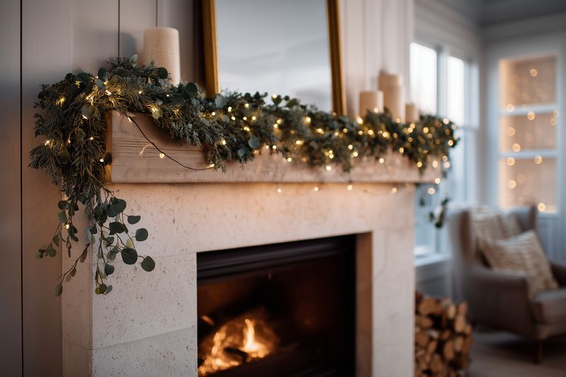 Cozy living room fireplace mantel adorned with evergreen garland, eucalyptus sprigs, glowing string lights and candles, casting warm light over the room and a burning fire below.
