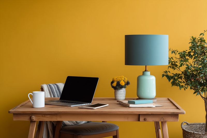 Bright modern home office setup with a wooden desk, open laptop, ceramic mug, lamp and potted plant against a bold yellow wall, creating a cozy productive workspace.