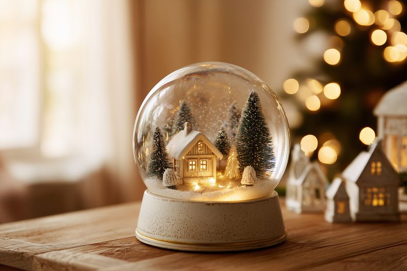Cozy illuminated snow globe featuring a miniature winter cabin and pine trees inside glass, set on a wooden table with warm bokeh lights creating festive atmosphere.