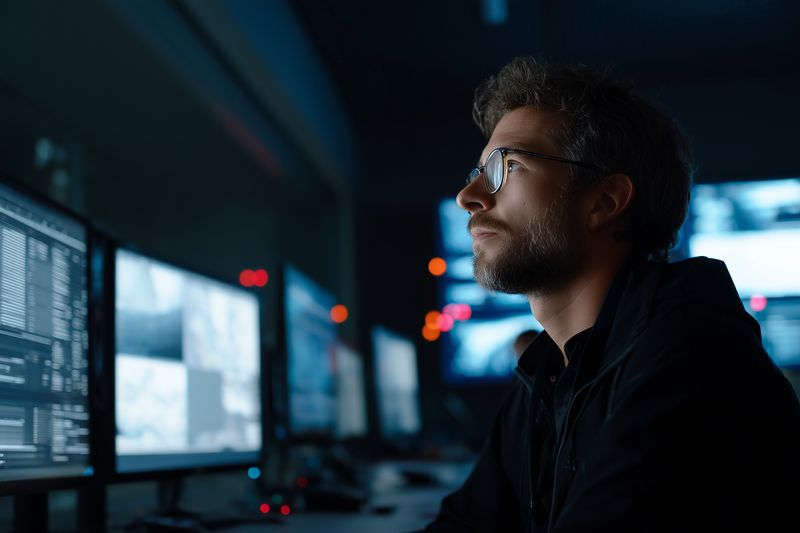 Profile of a focused male developer working late at multiple monitors, analyzing code and data in a dim control room environment with technical screens and blue lighting.