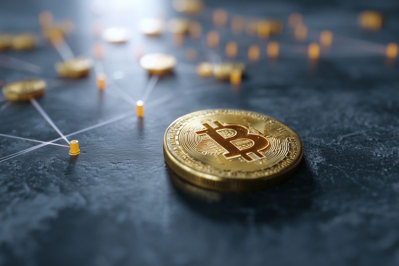 Close-up of a golden digital currency coin on a dark textured surface with connected nodes and network lines, symbolizing blockchain technology, decentralized finance and virtual asset investment.