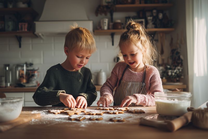 Two young children joyfully bake cookies together in a warm, rustic kitchen, rolling dough and cutting shapes on a flour-dusted wooden table illuminated by soft natural light.
