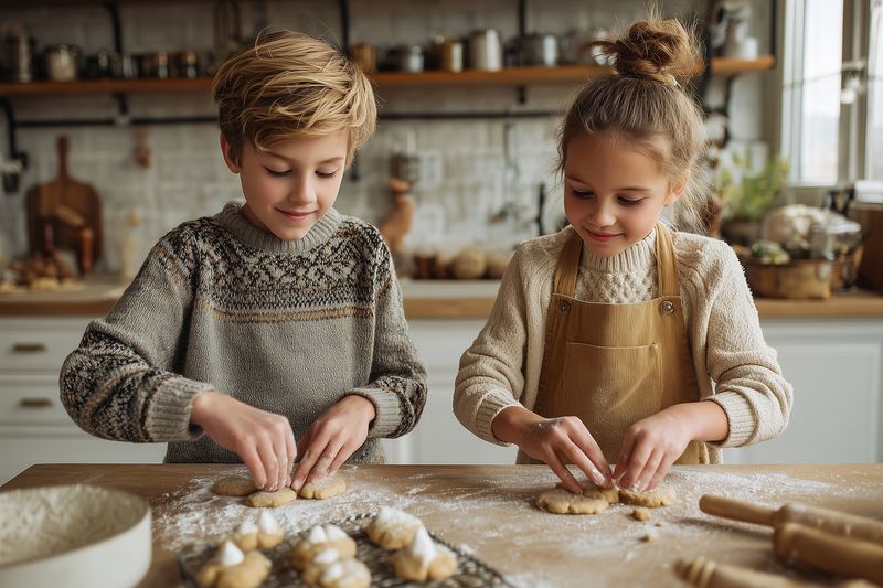 Two children wearing cozy sweaters and aprons baking cookies together in a warm home kitchen, kneading dough on a flour-dusted wooden table and smiling while they work.