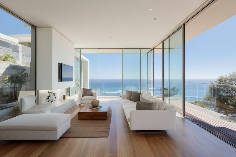Bright modern living room with floor to ceiling glass walls opening to an expansive ocean view, featuring contemporary white sofas, wooden floors, natural light and minimalist decor.