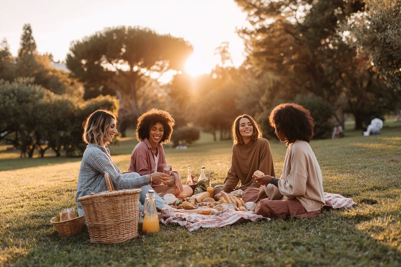 Four friends enjoying a relaxed outdoor picnic at sunset on a grassy field, sharing food, laughter and beverages with a woven basket and blanket in warm golden light.