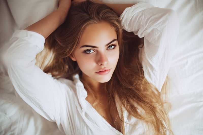 Portrait of a relaxed woman lying on white bedding, looking at camera with soft natural light highlighting her hair and facial features, conveying calm and intimacy.