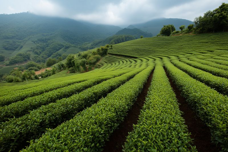Aerial view of lush green tea plantation with perfectly aligned rows stretching across rolling hills under a moody cloudy sky, showcasing agricultural landscape and serene natural textures.