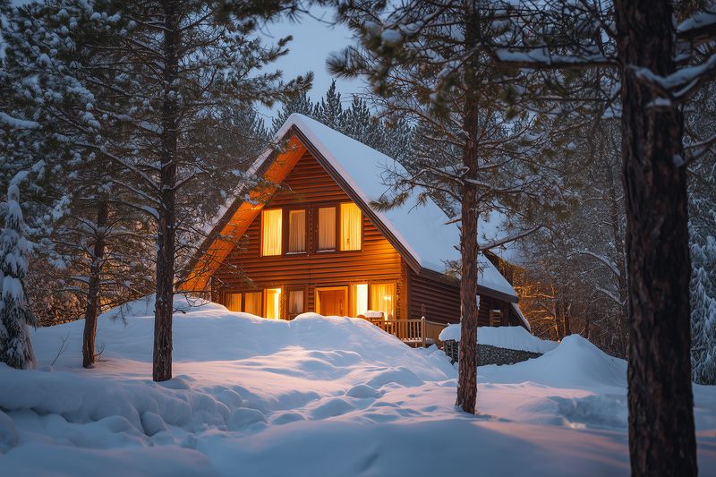 Cozy wooden cabin glowing with warm interior lights nestled in a snow-covered pine forest at dusk, creating a peaceful winter scene with soft snowdrifts and tall trees.