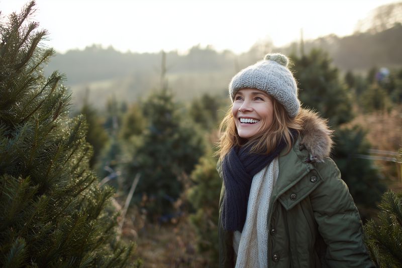 Smiling woman wearing a winter coat and knitted hat browsing evergreen trees in a tree farm during golden hour, enjoying outdoor seasonal shopping and festive holiday atmosphere.