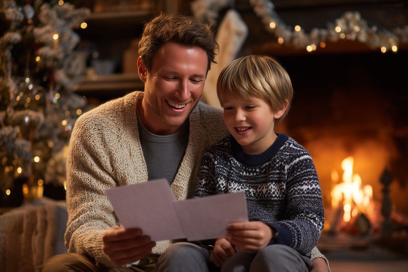 A smiling father and son sit by a glowing fireplace and decorated tree, reading a holiday card together, sharing warmth, laughter, and cozy intimate family moments indoors.