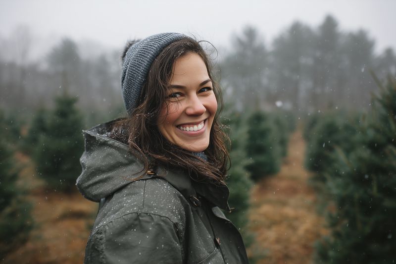 Young woman wearing a knit beanie and waterproof jacket smiles warmly while standing outdoors in a snowy tree field, soft snowfall and muted light creating a cozy winter atmosphere.