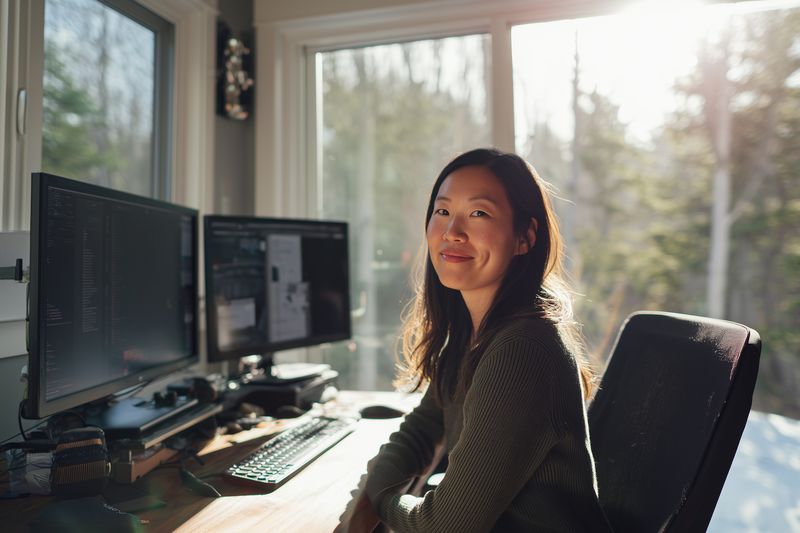 Smiling young woman sits at a home office desk with dual monitors, keyboard and mouse, bathed in warm natural light while working remotely on a computer in a cozy, organized workspace.