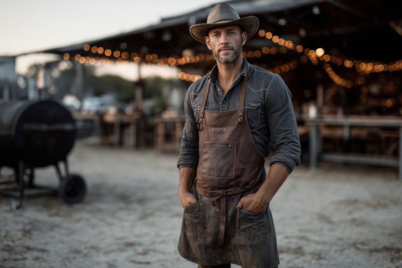 Portrait of a rugged male pitmaster wearing a hat and leather apron, standing confidently in front of an outdoor barbecue smoker with warm bokeh lights at dusk.