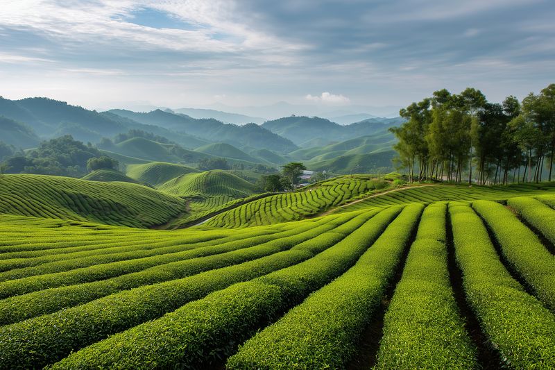 Lush green tea plantation with neatly trimmed rows stretching across rolling hills under a dramatic sky, layered mountains in the distance and a peaceful rural atmosphere at dawn.