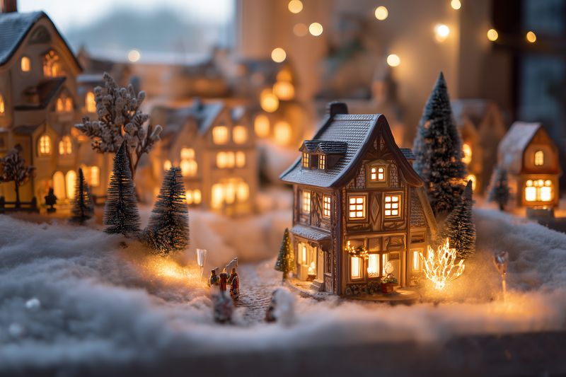Warm glowing miniature village with snow-covered rooftops and illuminated windows, cozy holiday atmosphere full of tiny houses, trees, lanterns and sparkling festive lights.