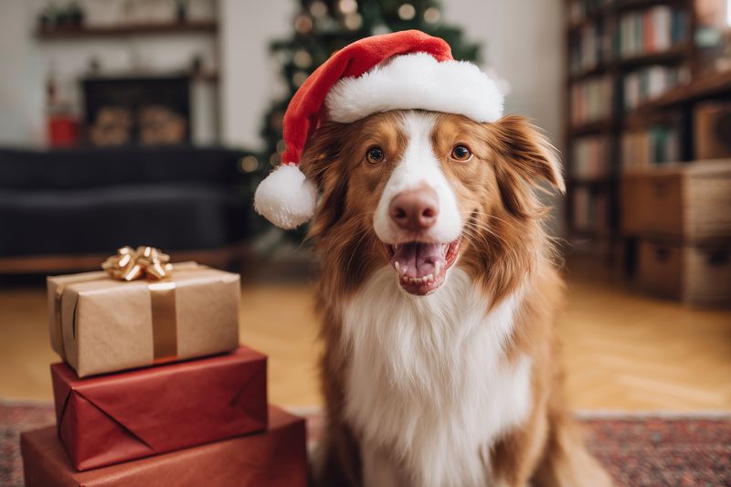 Smiling dog wearing a Santa hat sits next to wrapped gifts in a cozy living room with warm holiday lighting, festive tree bokeh and seasonal decorations creating joyful atmosphere.