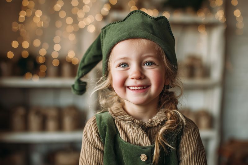 A smiling toddler girl wearing a green elf hat and vintage outfit sits in a warm, cozy interior with soft bokeh lights, radiating holiday joy, innocent wonder, and playful charm.