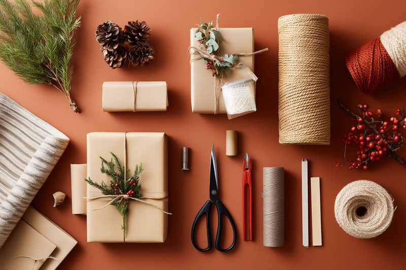 Flat lay of rustic gift wrapping supplies on a warm brown background, featuring kraft paper parcels, twine, scissors, pine cones and seasonal foliage for holiday DIY wrapping.