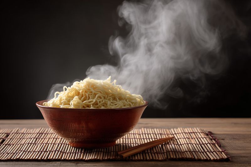 Steaming bowl of freshly cooked noodles served in a ceramic bowl on a bamboo mat with chopsticks, warm steam rising against a dark background creating a cozy food scene.