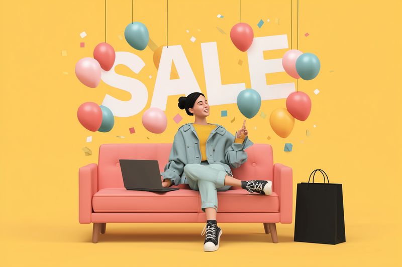 Cheerful woman sitting on a pink sofa with laptop and shopping bag, surrounded by colorful balloons and confetti, celebrating a big sale and joyful online shopping moment.