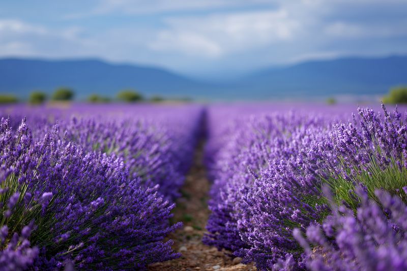 Rows of blooming lavender stretch toward distant hills under a soft cloudy sky, creating a peaceful purple landscape with fragrant flowers and verdant leaves in warm summer light.