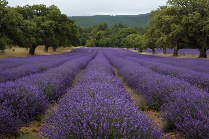Rows of blooming lavender stretch across a rural field between scattered oak trees, creating vibrant purple bands and fragrant scenery beneath an overcast sky.