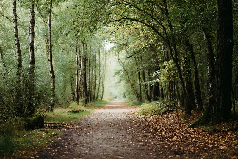 A serene forest path winding through lush woodland with dappled sunlight filtering through the canopy, fallen leaves along the trail and tall trees creating a peaceful natural scene.