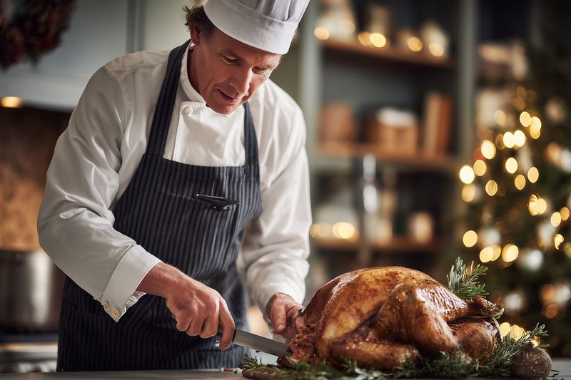 Professional chef in uniform carefully carving a golden roasted turkey on a wooden board in a cozy, warmly lit kitchen, preparing a festive holiday dinner with seasonal herbs and bokeh lights.