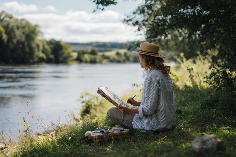 A young woman sits on a grassy riverbank wearing a straw hat and cozy sweater, sketching and painting a landscape in a sketchbook while enjoying peaceful outdoor solitude.