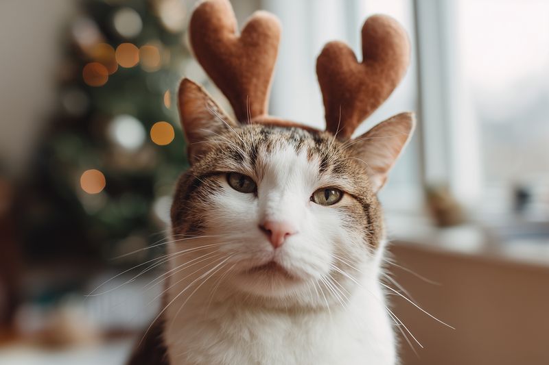 Close-up portrait of a domestic shorthair cat wearing a soft heart-shaped antler headband, sitting indoors with warm festive bokeh lights and cozy holiday atmosphere.