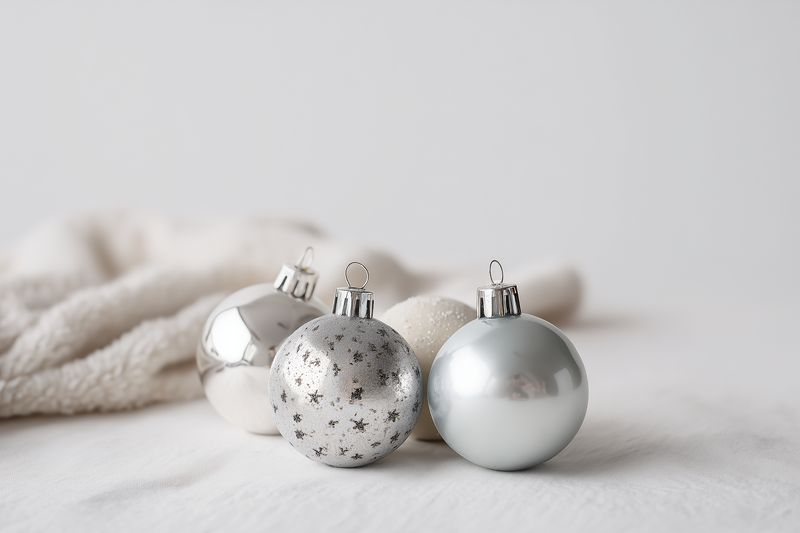 Elegant silver Christmas ornaments arranged on soft neutral fabric create a minimalist seasonal still life. Shiny and glittered baubles reflect light, evoking cozy winter celebration mood.