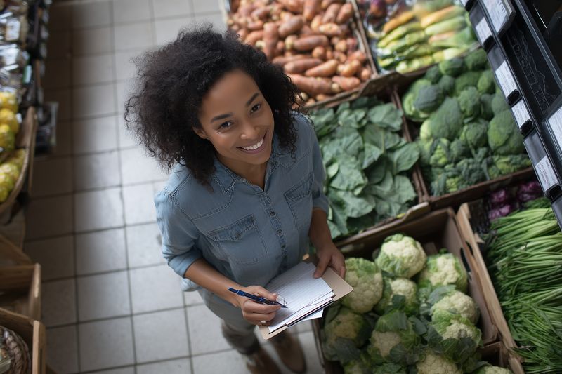 Smiling woman with clipboard inspects fresh produce in a grocery store aisle, checking inventory and making notes while surrounded by vegetables in a bright, organized market.