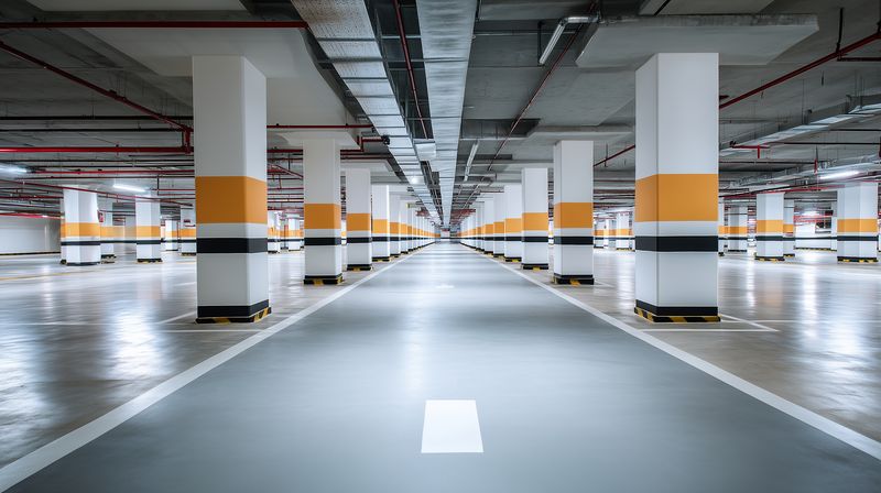 Spacious empty underground parking garage with rows of concrete columns, striped safety markings and polished floor creating a symmetrical perspective and modern urban industrial atmosphere, with