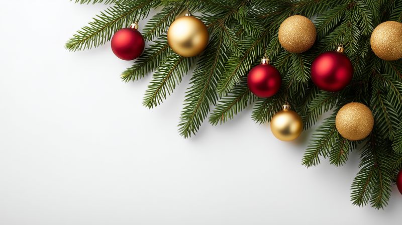Festive evergreen branches adorned with red and gold baubles arranged on a clean white background, creating an elegant seasonal holiday composition with ample negative space.