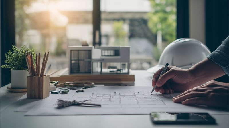 Architect reviewing blueprint plans at a desk with scale model, tools and smartphone, natural light streaming through window, focused hands sketching detailed building design.