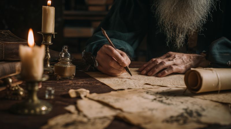 An elderly writer uses a quill to inscribe text on aged parchment by candlelight, surrounded by scrolls, ink and antique tools, creating a timeless historical atmosphere.